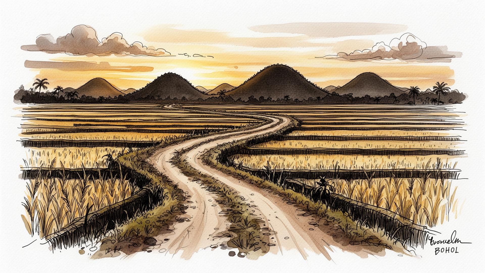Red dirt backroad winding through Bohol rice terraces at dawn